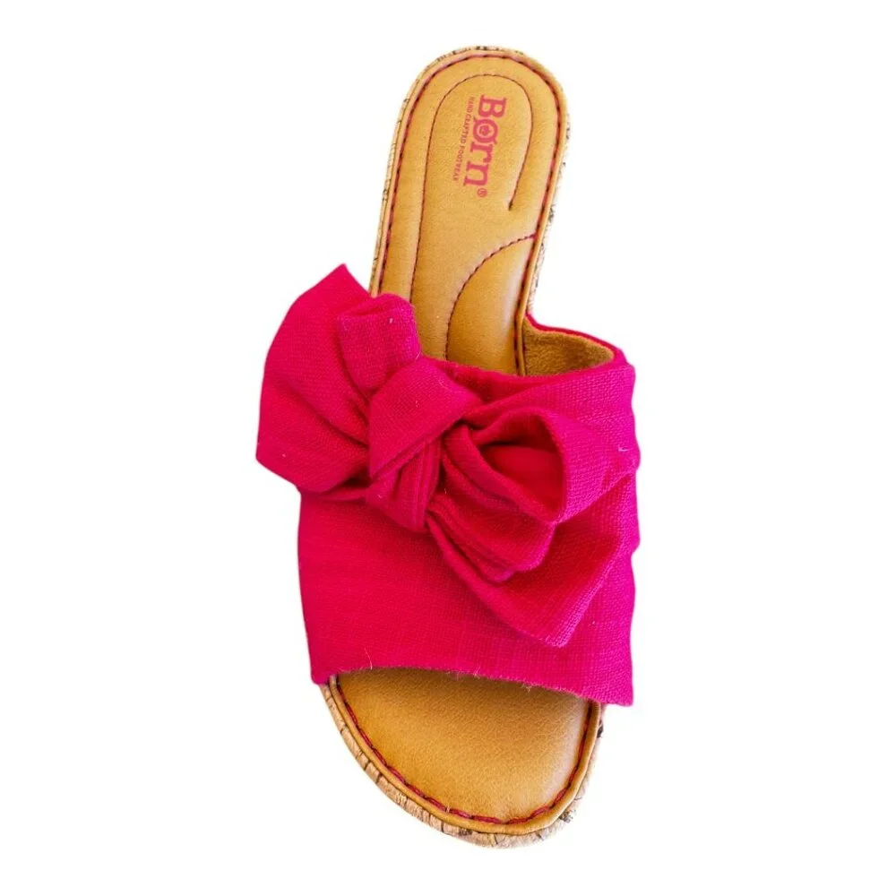 NWT Born Fuchsia Pink Bow Slide Wedge Sandals Size 8